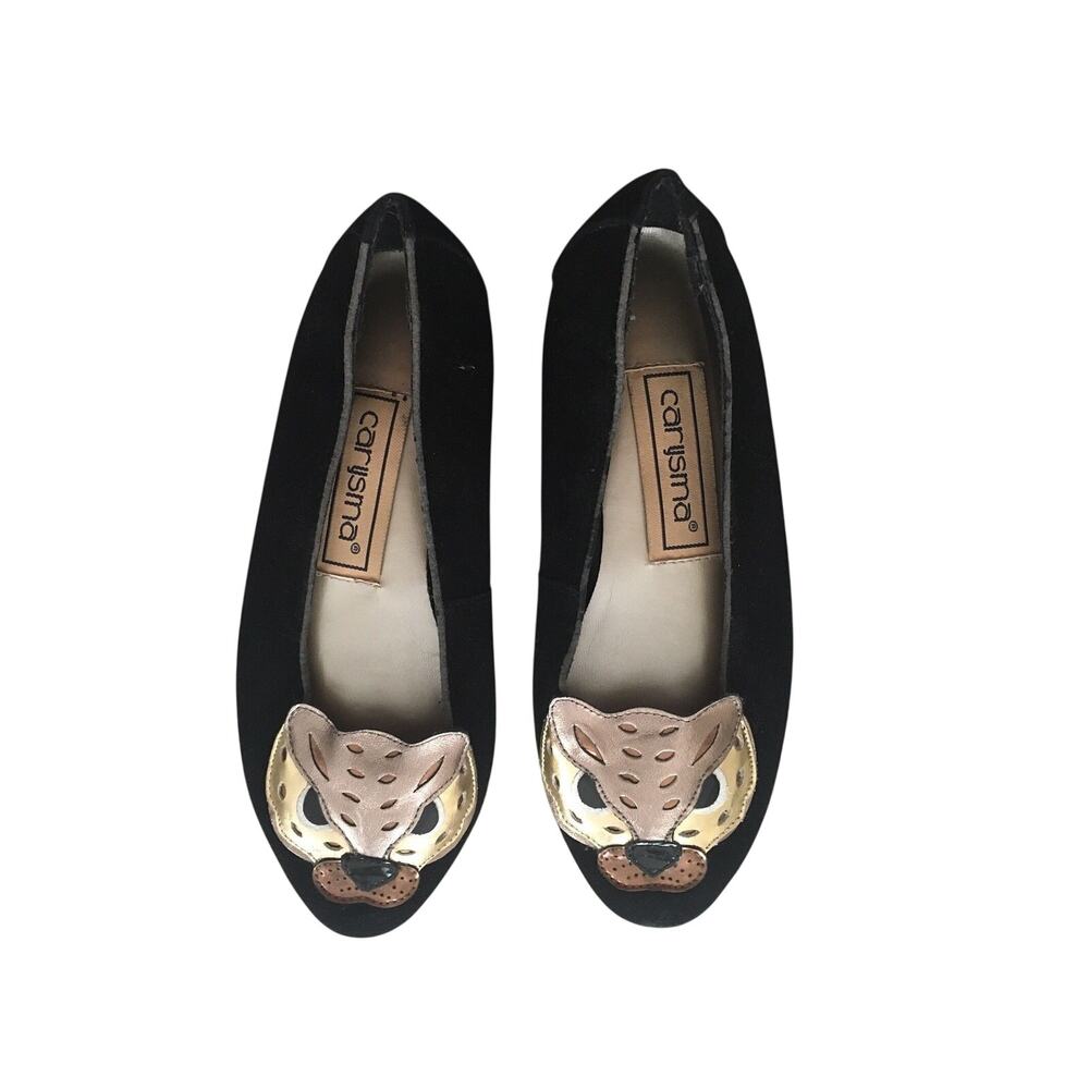 Cat Head Flats Leather Black Leopard Animal Vintage Carysma Metallic 6.5/7 Fit